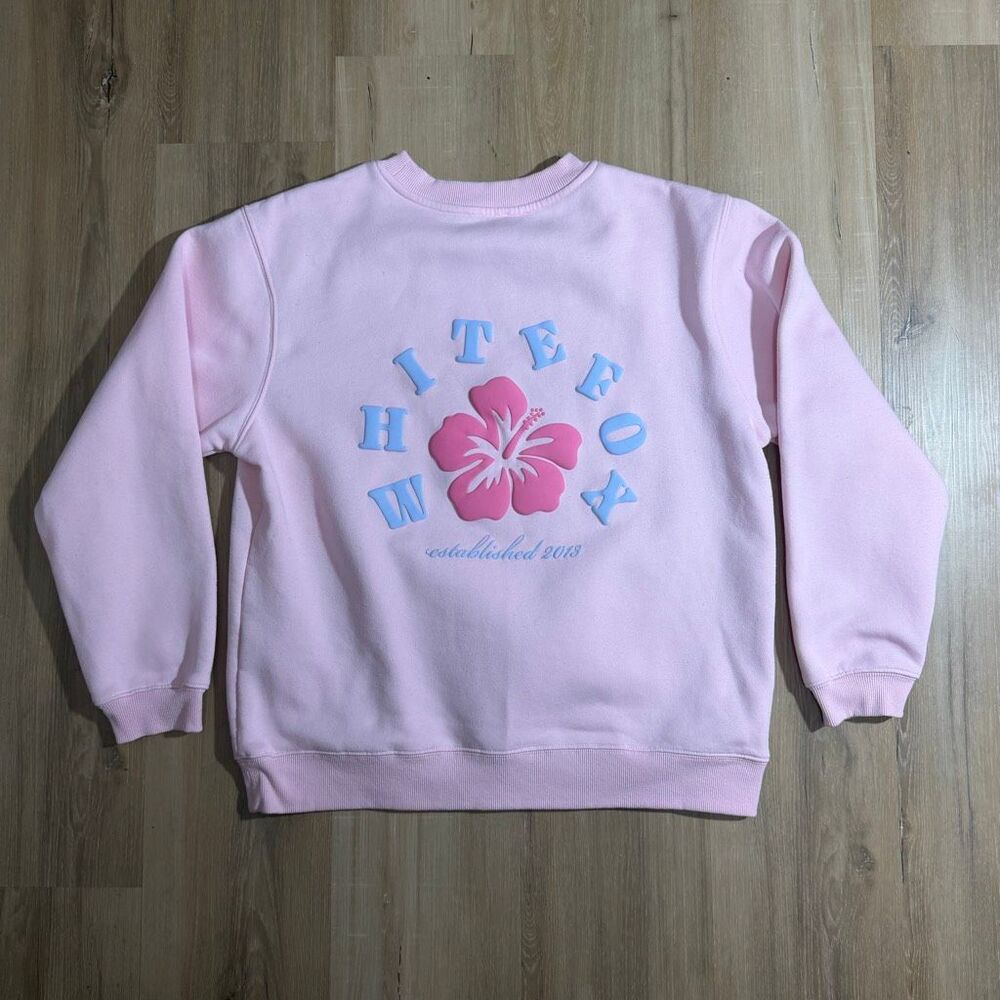 White Fox Oversized Crewneck Sweatshirt Sz S/M Slouchy Floral Graphic Coastal